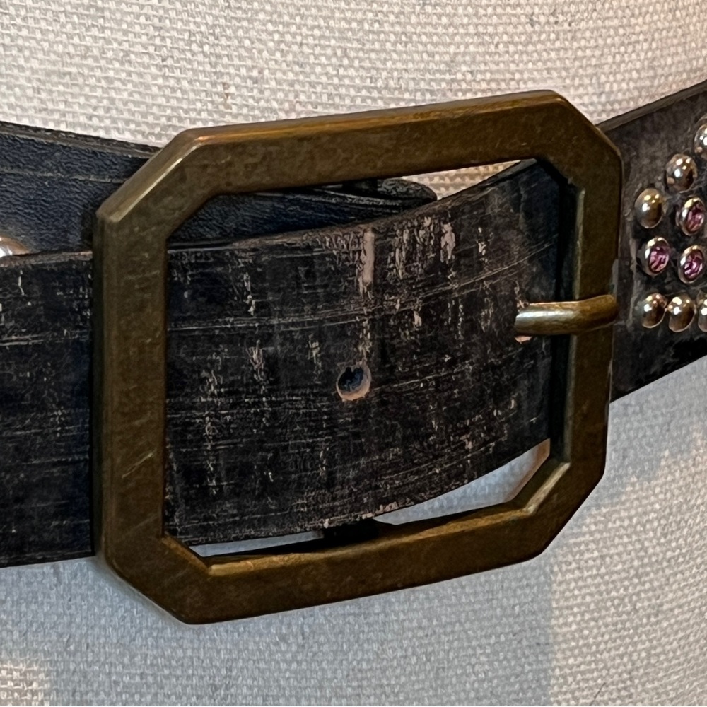 Leather Pink Clear Studded Dark Gray Ladies Fashion Belt Brass Buckle Size M/36" - Picture 2 of 9